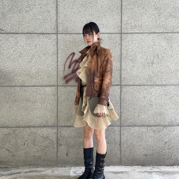 Brown washing sheepskin leather jacket