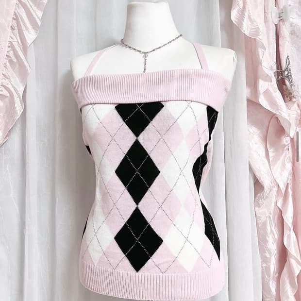 블랙핑크 아가일 니트 히메갸루 오네갸루 stc 달천깔 빈티지 로걀탑