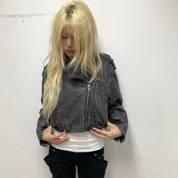 (ZARA)Faux Leather Biker Jacket (Washed/
