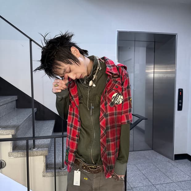 patch hooded check shirt