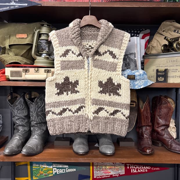 80s YKK 지퍼 단풍 썬더버드 패턴 헤비울 코위찬 베스트 N105