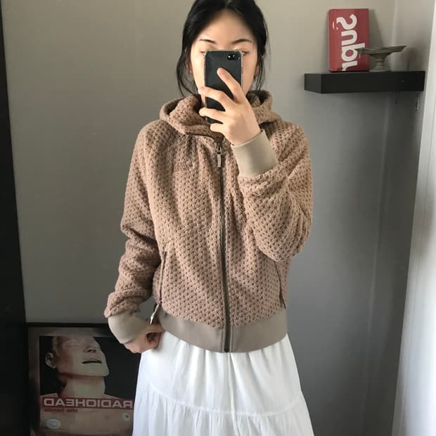 노스페이스 핑크베이지 로고 플리스 후드집업