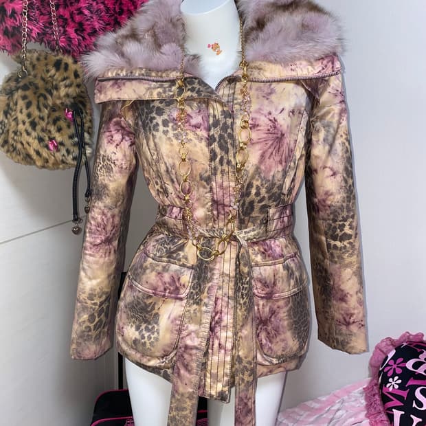 빈티지 레오파드 라벤더 퍼 패딩 오리엔탈 페어리 갸루