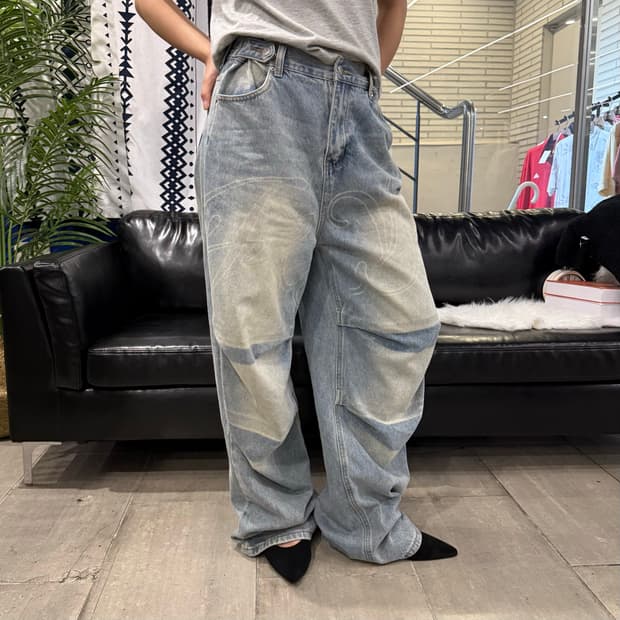 Vintage 와이드 핏 데님 팬츠 연청