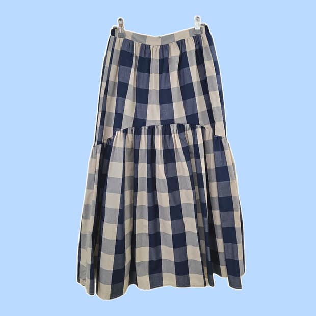 블루 깅엄체크 롱스커트
