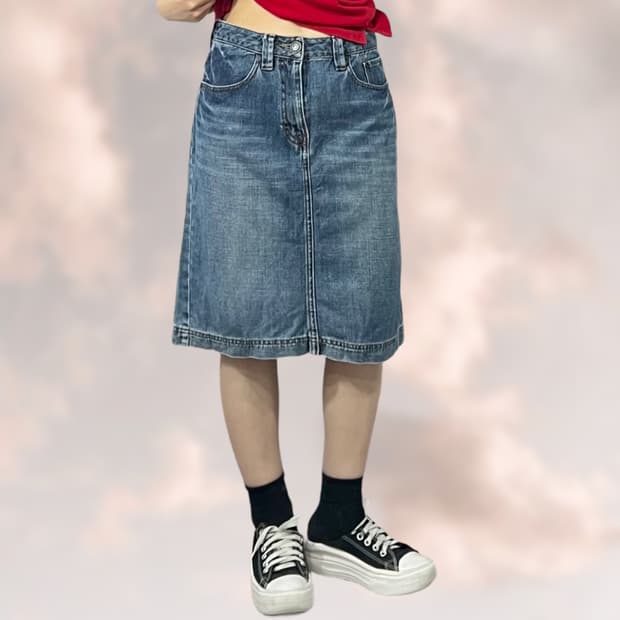 미디엄블루 데님 미디 스커트