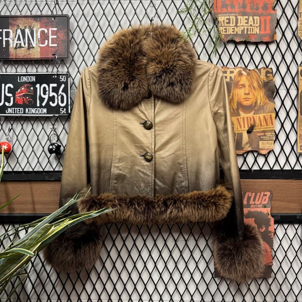 00s 발망 램스킨 퍼 레더 자켓 그라데이션 폭스퍼 포인트 베이지