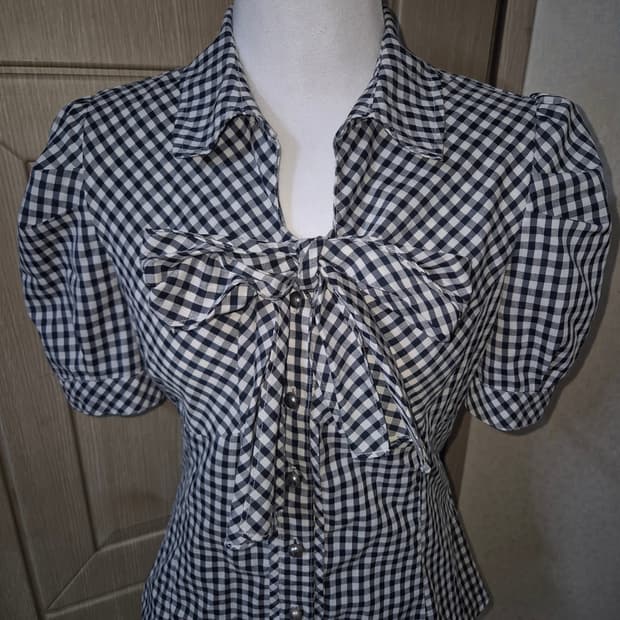 니혼진 긱시크 하구미 블루체크 블라우스