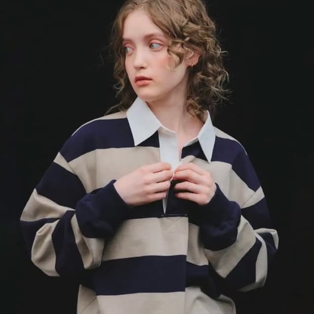 오로 oro 루즈핏 스트라이프 럭비 티셔츠 샌드베이지 S