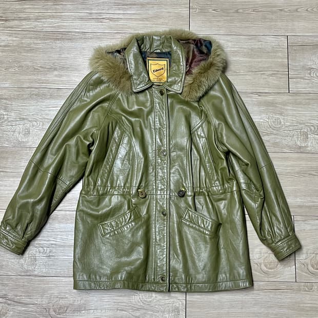 Edward 올리브색 양가죽 퍼 후드 코트 L