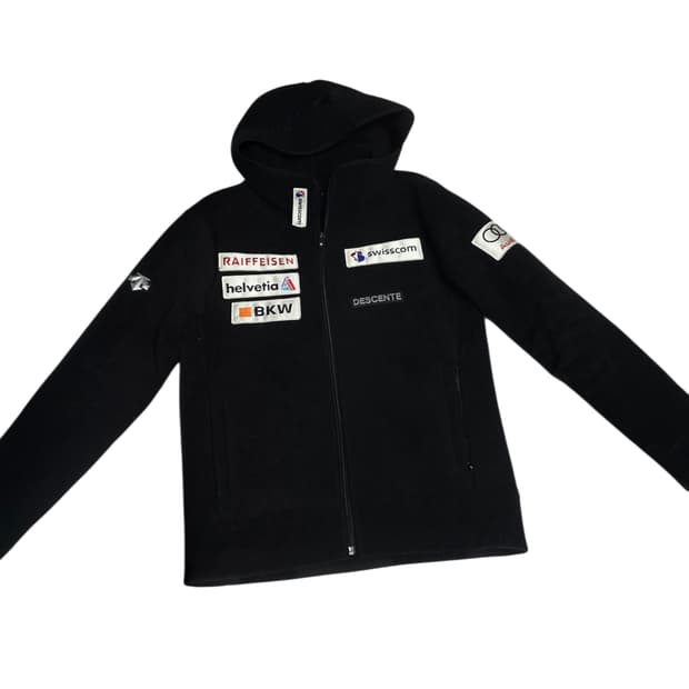 [데상트] 스위스 스키 국대 패치 블랙 기모 후드 집업 M 
