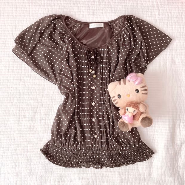 초코 도트 블라우스 반팔 라떼 히메 갸루 빈티지 리즈리사 트랄라라