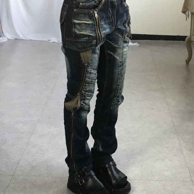 Zipper washing point denim pants