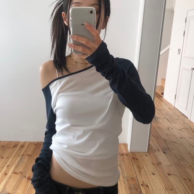 나그랑 배색 원숄더 긴팔 티셔츠 롱슬리브