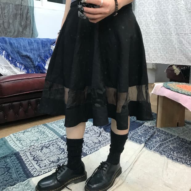 빈티지 여성 시스루 디테일 미디스커트 