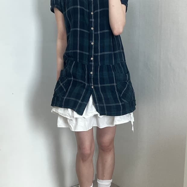 블루 그린 체크 모리 원피스