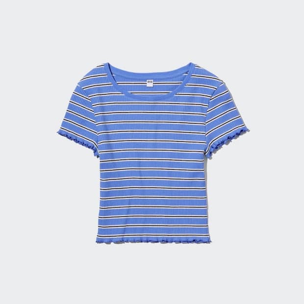 유니클로 리브드 크롭 스트라이프 프릴 티셔츠 M