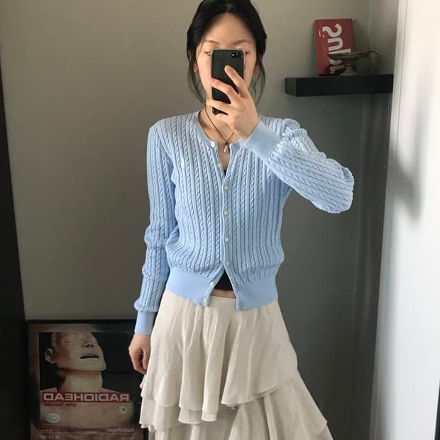 폴로 랄프로렌 QR코드 케이블 니트 가디건 스카이블루