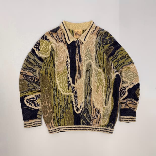 쿠지 루즈핏 케이블패턴 하프집 코튼 니트