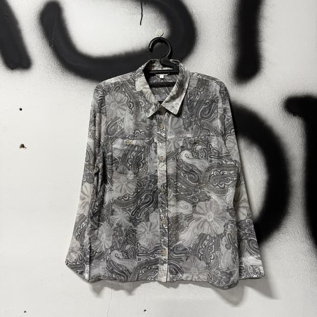 VTG 빈티지 오리엔탈 페이즐리 풀 패턴 시스루 더블 포켓 긴팔 셔츠