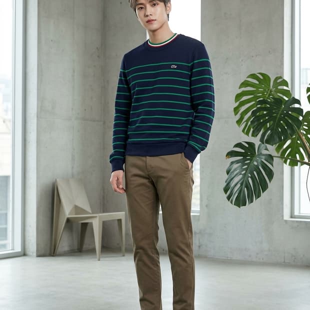 라코스테 네이비 그린 스트라이프 버튼 맨투맨