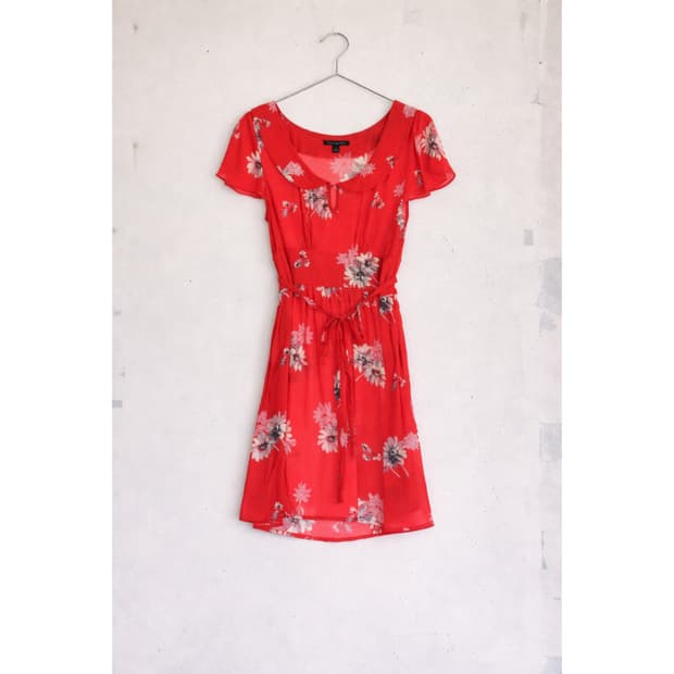 Red Floral Chiffon Tie-Waist Mini Dress