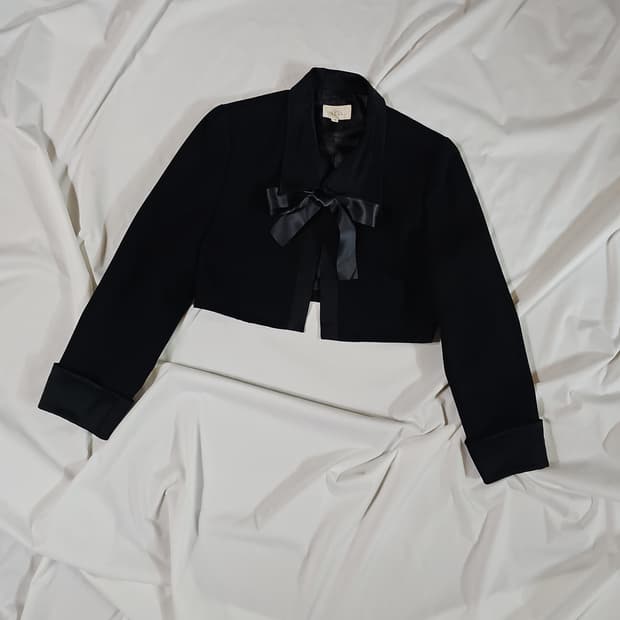 일본 빈티지 새틴 리본 타이 크롭 볼레로 블레이저 자켓