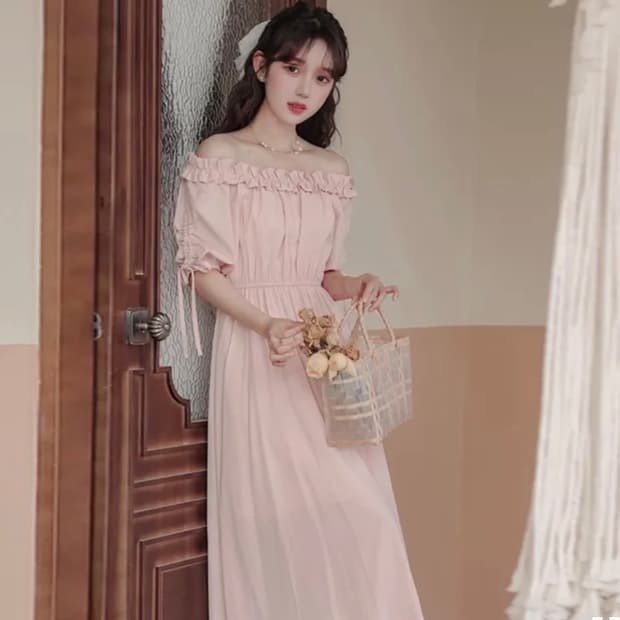 10월까지처분|프릴 오프숄더 셔링 플레어 허리밴딩 롱원피스