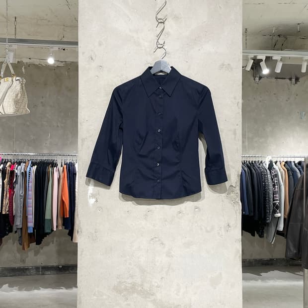 프라다 다크 네이비 3/4 슬리브 코튼 카라 셔츠