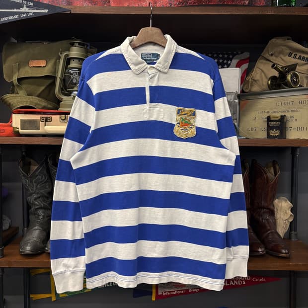 00s 폴로 랄프로렌 블루 스트라이프 와펜 프레피 럭비티 셔츠 N374