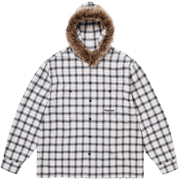 슈프림 퍼 트림 플란넬 후드 셔츠 화이트 플레이드 L사이즈