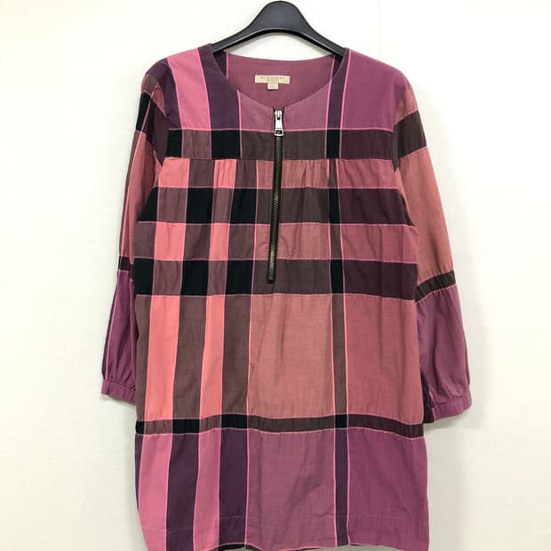 여성 버버리 브릿 라운드넥 9부소매 코튼혼방 체크 튜닉 블라우스 _ 핑크