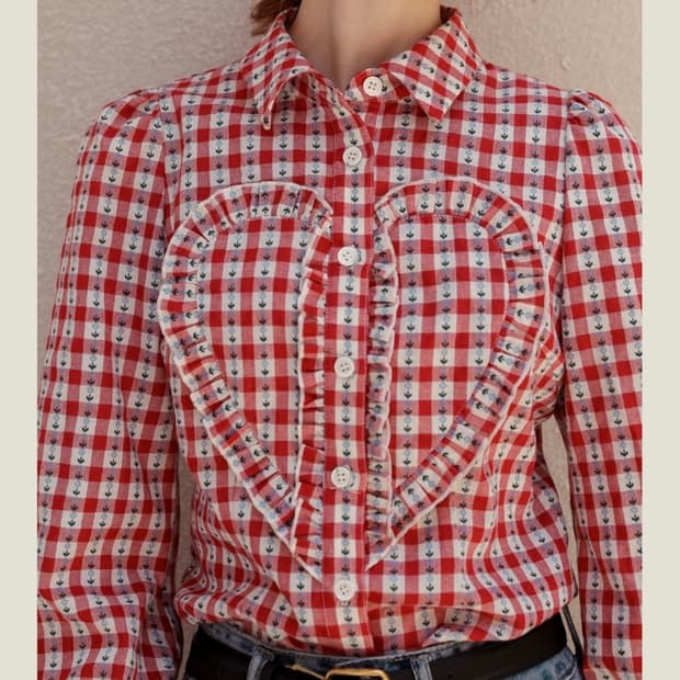 쎄무아듀/ 하트 프릴 체크 셔츠