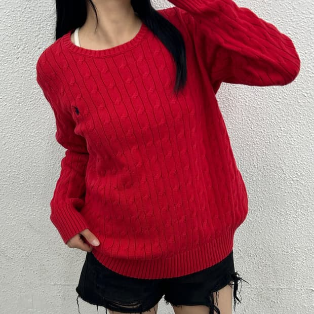 폴로 랄프로렌 네이비포니 레드 꽈배기 니트 L