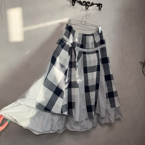 Gray check patchwork layerd skirt