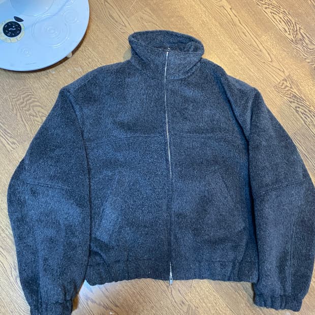 에크루 모직 퍼 집업 자켓 그레이 os