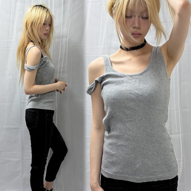 Side Detail Grey Slim Fit Sleeveless Top