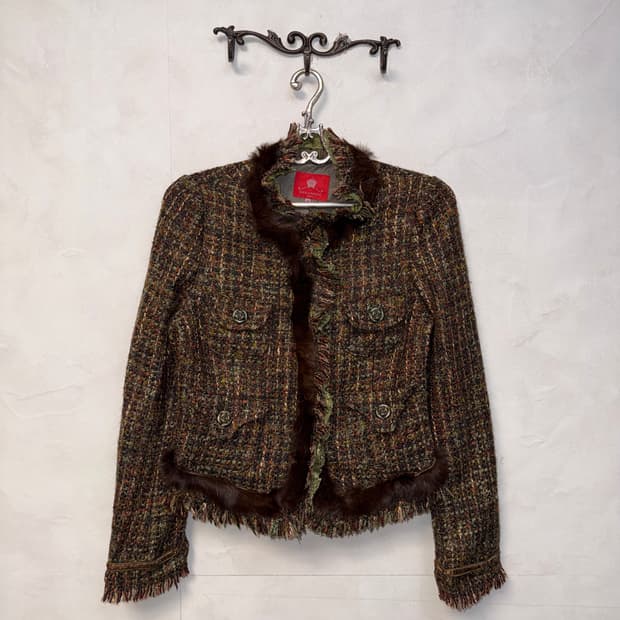 Khaki brown oriental rabbit fur tweed jk