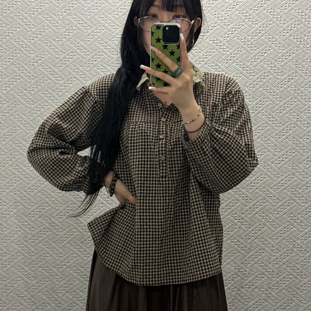 빈티지 코지 모리걸 로코코 베이비돌 레이스 카라 체크 블라우스 K0334