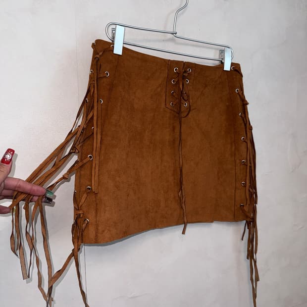 Camel brown western fringe laceup skirt 
