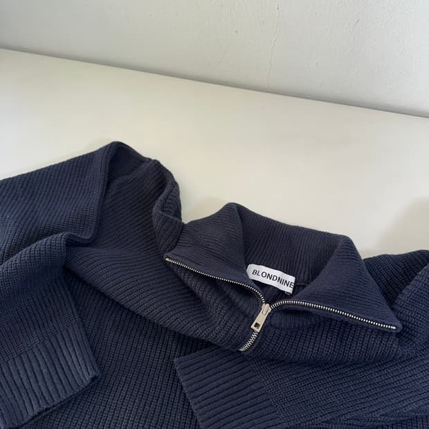 XL 블론드나인 네이비 루즈오버핏 반집업 와플니트