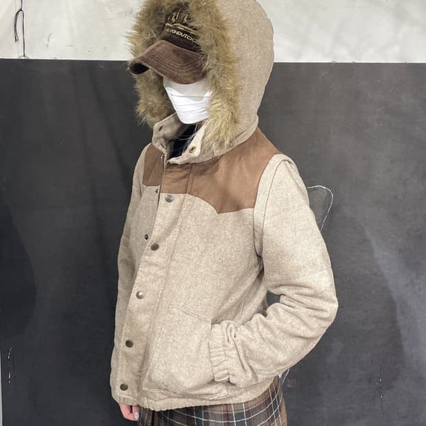 일본빈티지 울프죠 menina 트위드 퍼 후드 패딩 점퍼   BIKI F