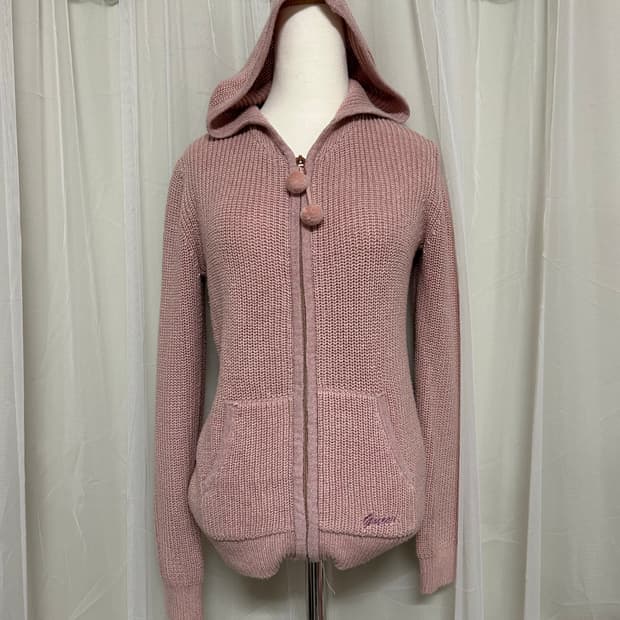 게스 핑크 글리터 니트 후드