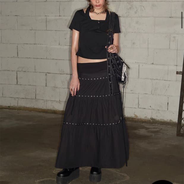 낫노잉 Tiered Eyelet Maxi Skirt OS