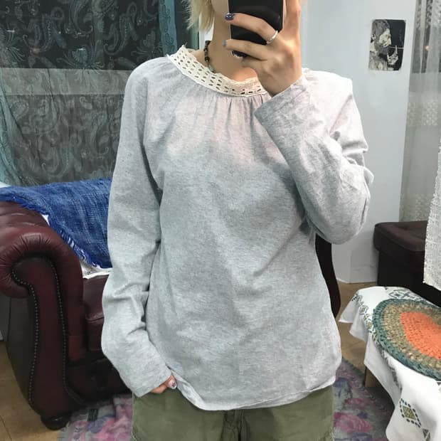 빈티지 여성 펀칭 디테일 그레이 롱슬리브 긴팔 티 (Z1156)