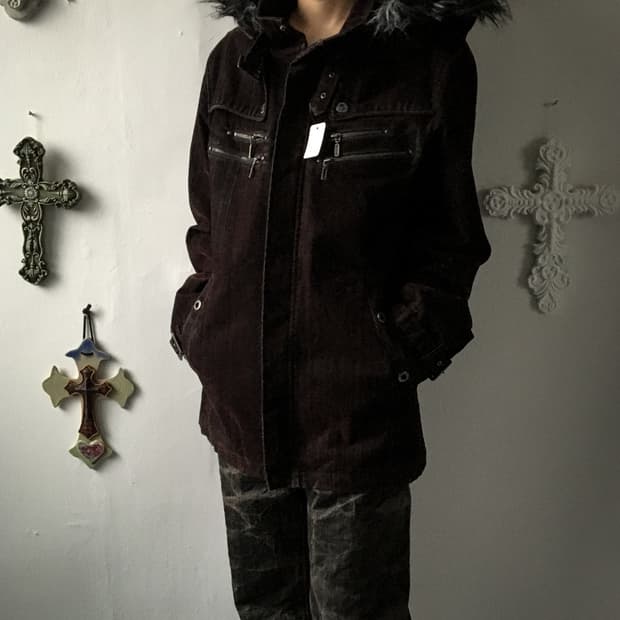 Fake fur hood belted jacket