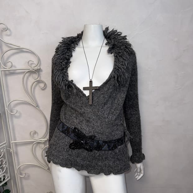 Charcoal grunge tassel collar wrap knit