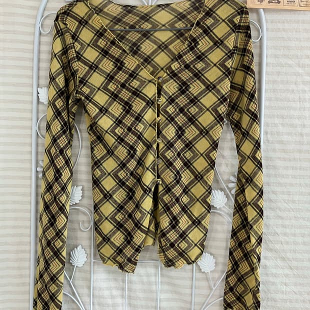 빈티지 옐로 브라운 아가일 니트 가디건 887 y2k 스트릿 모리 갸루 