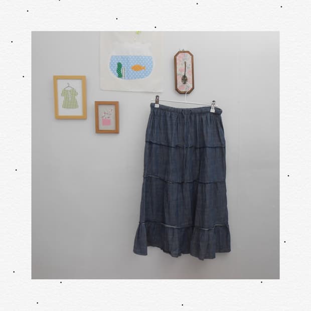 데님 코튼 미디 스커트