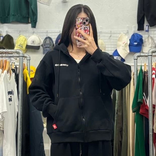 엄브로 에센셜 기모 블랙 후드 집업 S